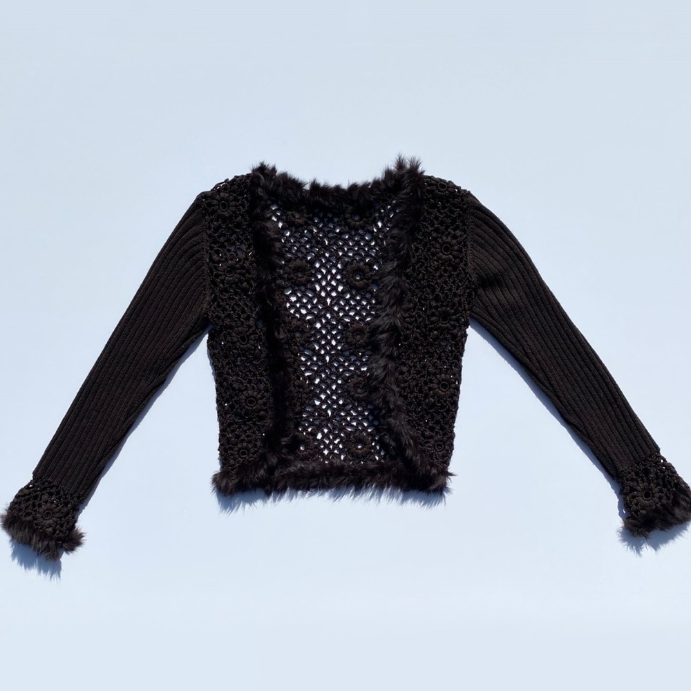Dolce Cabo Chocolate Brown Knitted Cardigan Faux Fur Trim Women's Medium Y2K 90s